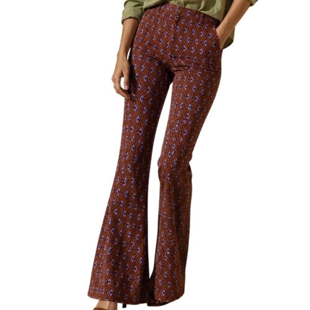 Anthropologie The Joni Retro Geometric Flare Pants Rust Purple High Rise XS